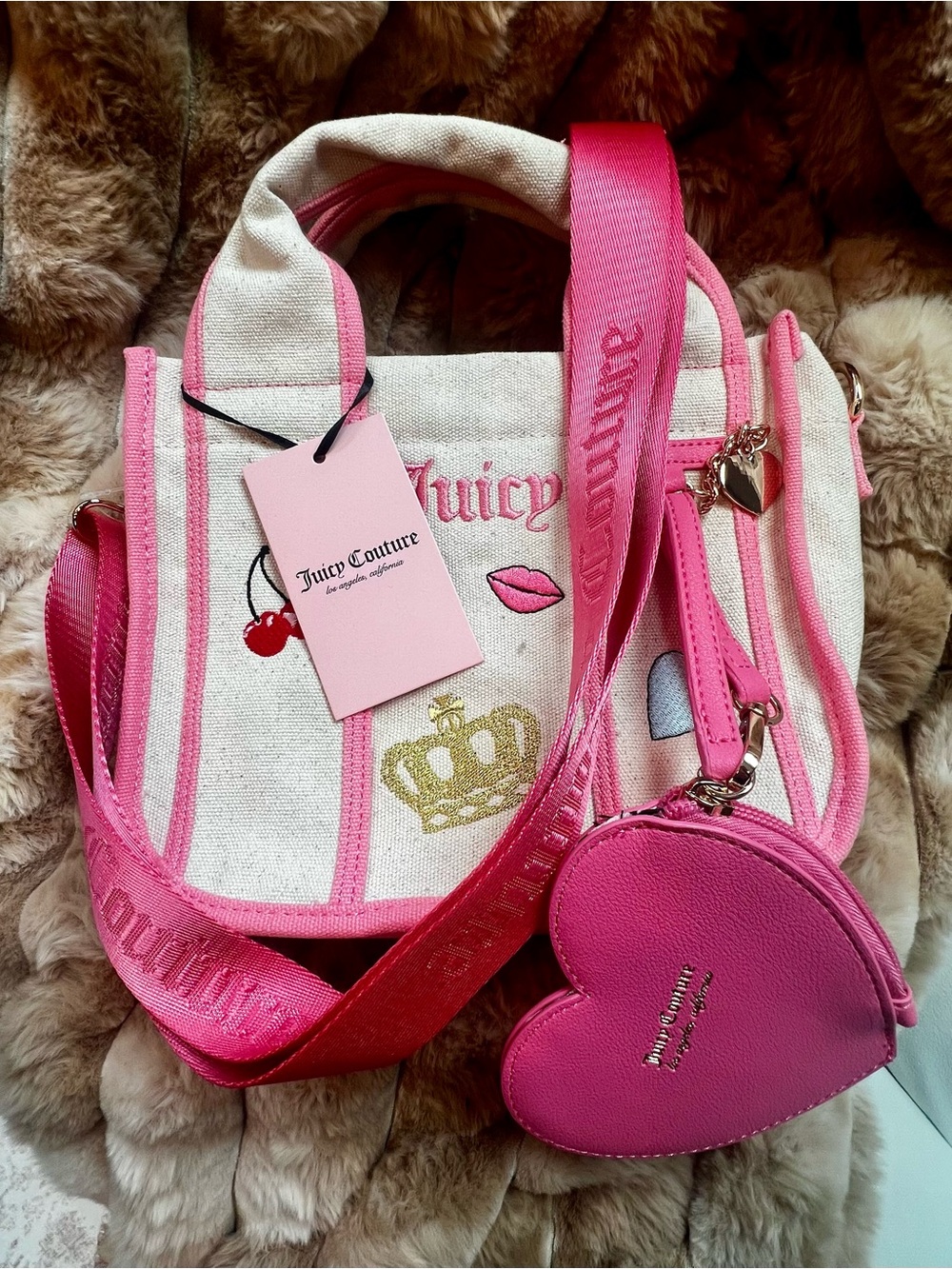 Juicy Couture Pink Trim Canvas Tote with Pink Heart Pouch